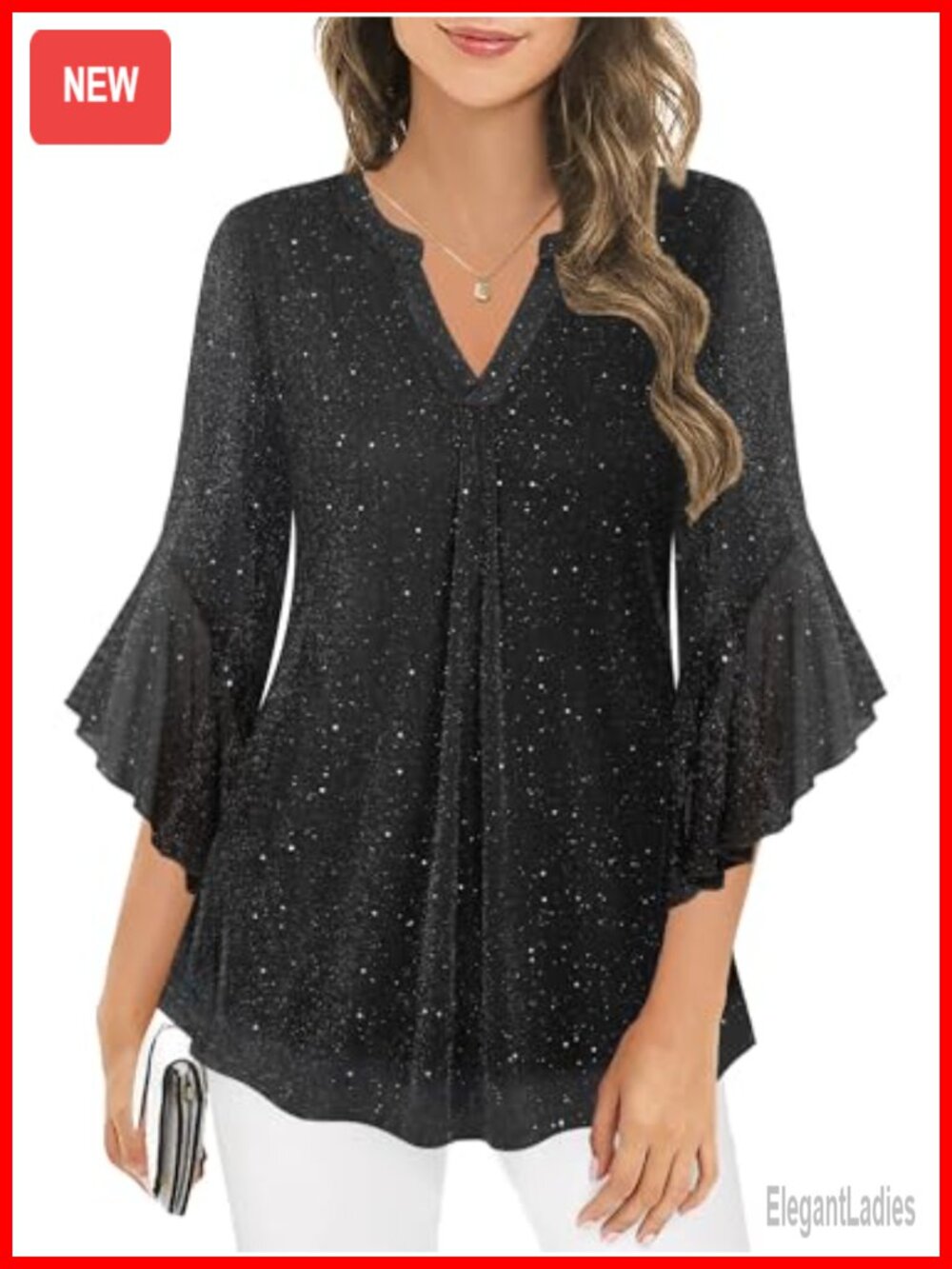 Sparkly Sequin Blouse 3/4 Bell Sleeve V-Neck Dressy Tunic Top